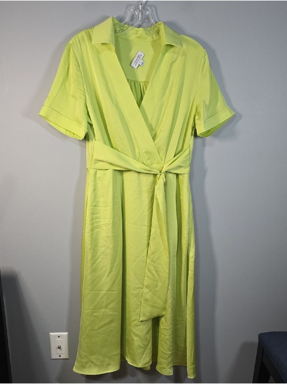 Tahari ASL Dress Women's Size 8 Neon Lime Wrap Midi Dress with Tie Waist